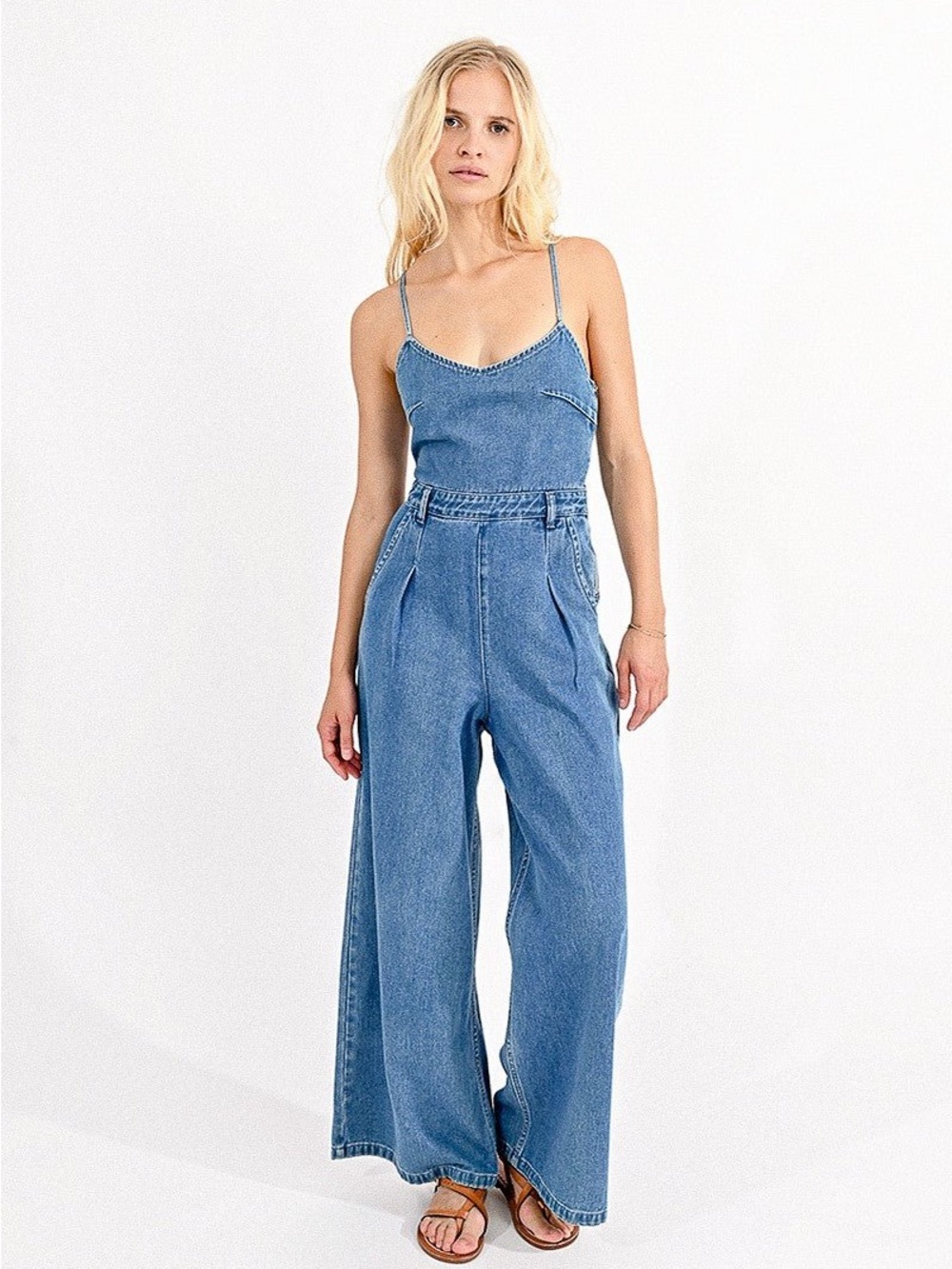 Molly Bracken Wide Leg Denim Jumpsuit Lace-Up Back Y2K Trendy Blue Chic XL
